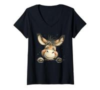 Mujer Lindo Burro Sonriente Mirando Animales De Dibujos Animados Camiseta Cuello V