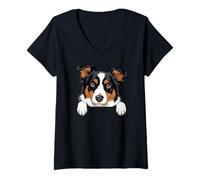 Mujer Lindo Cachorro de Border Collie Que mira, Divertido Amante de los Perros de pastoreo Camiseta Cuello V