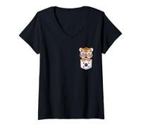 Mujer Lindo Cachorro de Tigre surcoreano en Bolsillo con Gafas de Sol Camiseta Cuello V