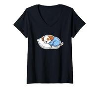 Mujer Lindo Cachorro durmiendo Abrazando Almohada Divertido Dicho Camiseta Cuello V