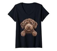 Mujer Lindo Cachorro Labradoodle con Forma de Garabato Que se asoma Camiseta Cuello V