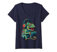Mujer Lindo camaleón controlador de videojuegos divertido jugador Camiseta Cuello V