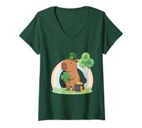 Mujer Lindo Capibara de la Suerte sosteniendo trébol Arco Iris día de San Patricio Camiseta Cuello V