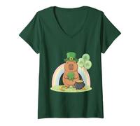 Mujer Lindo Capibara de la Suerte sosteniendo trébol Arco Iris día de San Patricio Camiseta Cuello V