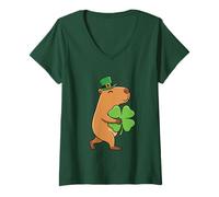 Mujer Lindo Capibara de la Suerte sosteniendo trébol día de San Patricio Camiseta Cuello V