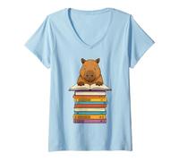 Mujer Lindo Capibara Lectura En Pila De Libros Divertido Camiseta Cuello V