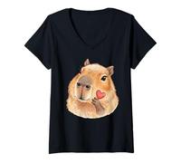 Mujer Lindo Capibara Sosteniendo Corazón Kawaii Amor San Valentín Camiseta Cuello V