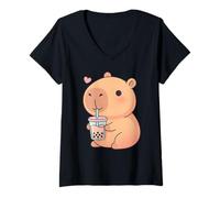 Mujer Lindo Capybara Bubble Tea Kawaii Anime Capybaras Lover Girls Camiseta Cuello V