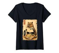 Mujer Lindo Capybara Ramen Japonés Kanji Edo Pintura Camiseta Cuello V