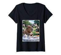 Mujer Lindo Capybara Sip Tea Rose Cup Cottagecore Floral Garden Camiseta Cuello V
