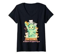 Mujer Lindo Cat Lady Liberty Cartoon con Gatitos - Amante Divertido de los Gatos Camiseta Cuello V