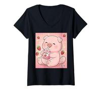 Mujer Lindo Cerdo Fresa Leche Retro Japonés Kawaii Arte Camiseta Cuello V
