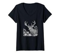 Mujer Lindo ciervo alce, flores de vida silvestre feliz Cottagecore Boho Camiseta Cuello V