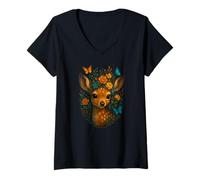 Mujer Lindo ciervo con corona de flores y mariposas cervatillo del bosque Camiseta Cuello V