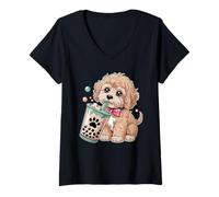 Mujer Lindo Cockapoo Puppy Love Bubble Tea Kawaii Camiseta Cuello V