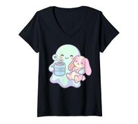 Mujer Lindo Conejito Fantasma Amante del Café Kawaii Halloween Amante Camiseta Cuello V