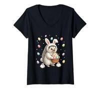 Mujer Lindo Conejo de Pascua con Huevos diseño de Erizo caprichoso Camiseta Cuello V