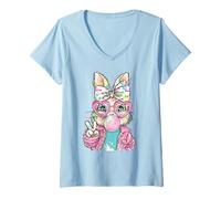 Mujer Lindo Conejo de Pascua Signo de Paz Bubble Gum Spring Art Kids Girl Camiseta Cuello V