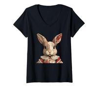 Mujer Lindo Conejo de Patchwork Vintage Conejo de Pascua Camiseta Cuello V