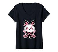Mujer Lindo conejo emo espeluznante kawaii liebre pastel gótico Camiseta Cuello V