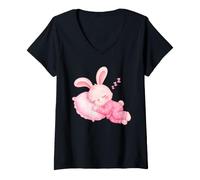 Mujer Lindo Conejo Rosa en Pijamas durmiendo Dulces sueños niños Duermen Camiseta Cuello V