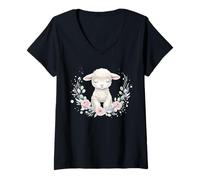 Mujer Lindo Cordero Floral Acuarela Oveja Pastel Granja Animal Camiseta Cuello V
