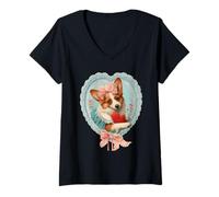 Mujer Lindo Corgi Día de San Valentín Perro con Corazón Coqueta Vintage Camiseta Cuello V