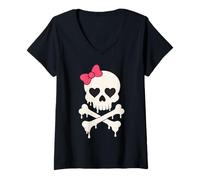 Mujer Lindo cráneo rosa lazo goteando hueso cruzado Halloween mujeres niñas Camiseta Cuello V