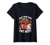 Mujer Lindo Día de Acción de Gracias | Diseño de Pavo | Wait Your Turn Fat Boy Camiseta Cuello V
