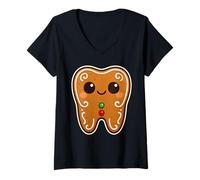 Mujer Lindo Diente de Jengibre Dentista Navidad Divertido odontología Camiseta Cuello V