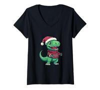Mujer Lindo Dinosaurio cómico de Navidad | Fiesta de Navidad Camiseta Cuello V
