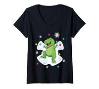 Mujer Lindo Dinosaurio Haciendo ángel Nieve Navidad Rex Dino Camiseta Cuello V