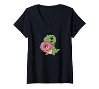 Mujer Lindo Dinosaurio T-Rex sosteniendo Postre de Dona Camiseta Cuello V