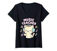Mujer Lindo diseño de Auriculares para Profesores de Primaria con diseño de Gato Kawaii Camiseta Cuello V