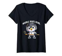 Mujer Lindo diseño de la puntuación del patín del Jugador del Hockey del pingüino Camiseta Cuello V