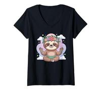 Mujer Lindo diseño de Mandala de Perezoso de Yoga para la atención Plena Camiseta Cuello V