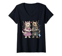 Mujer Lindo Divertido Cairn-Terrier Perros Pareja Gaita Escocia Camiseta Cuello V