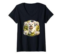 Mujer Lindo Divertido Perro Blanco West Highland Juega en la Naturaleza Camiseta Cuello V
