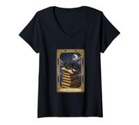 Mujer Lindo Dragón Leyendo Libros Tarot Tarjeta El Lector Camiseta Cuello V