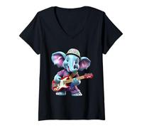 Mujer Lindo Elefante Rocker Tocando Guitarra Eléc Camiseta Cuello V