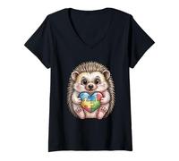 Mujer Lindo Erizo con Forma de corazón con Forma de Rompecabezas para concienciar sobre el Autismo Camiseta Cuello V