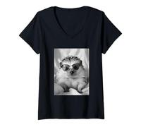 Mujer Lindo Erizo con Gafas de Sol Cool Forest Animal Photo Booth Camiseta Cuello V