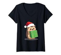 Mujer Lindo Erizo con un Paquete para Navidad Camiseta Cuello V