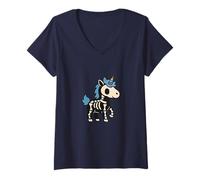 Mujer Lindo esqueleto unicornio con cuerno arcoíris arte de Halloween Camiseta Cuello V