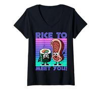 Mujer Lindo Estilo Kawaii okatu ilustración de Sushi Roll arroz Pescado Camiseta Cuello V