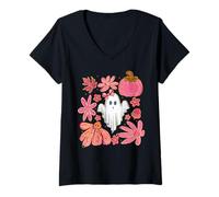 Mujer Lindo Fantasma Femenino Flores Rosas y Calabaza otoño Halloween Mujeres Camiseta Cuello V