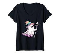 Mujer Lindo Fantasma Mago Arco Iris Sombrero Hongo mágico Halloween Camiseta Cuello V