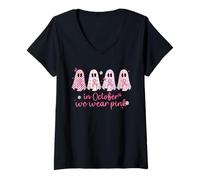 Mujer Lindo Fantasma Rosa para Crear Conciencia sobre el cáncer de Mama para Halloween Camiseta Cuello V