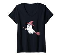 Mujer Lindo Fantasma Volando En Rosa Bruja Escoba Halloween Meme Camiseta Cuello V