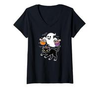 Mujer Lindo Fantasma y un Gato Negro Truco o Trato Halloween Camiseta Cuello V